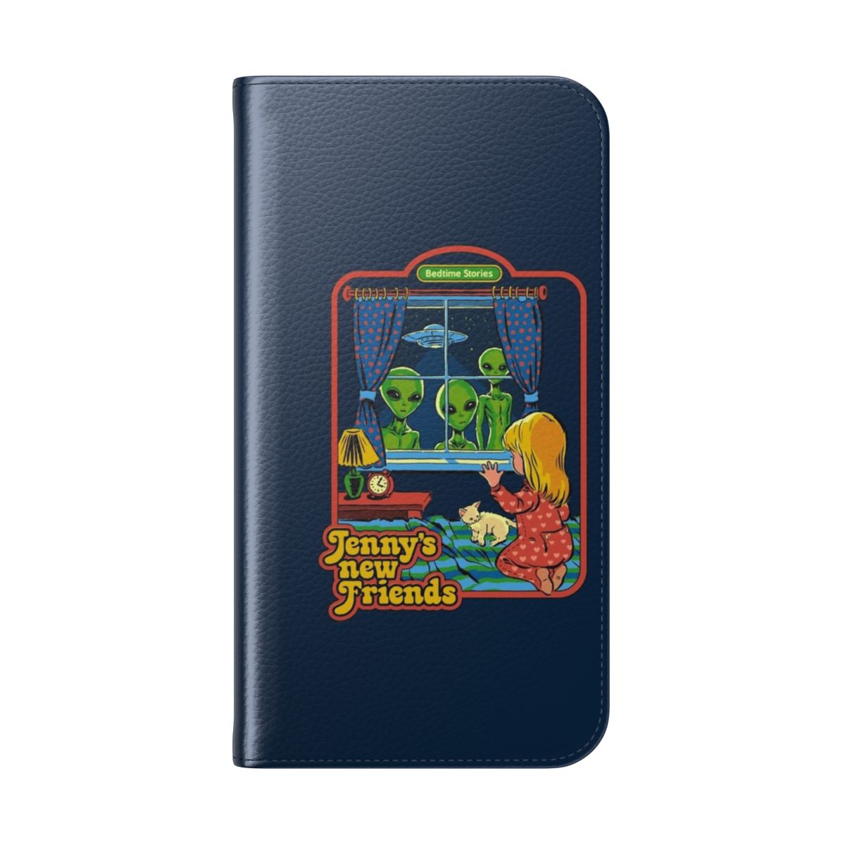 Retro sci-fi themed flip cover phone case featuring aliens, UFOs, and kittens - Folded Back