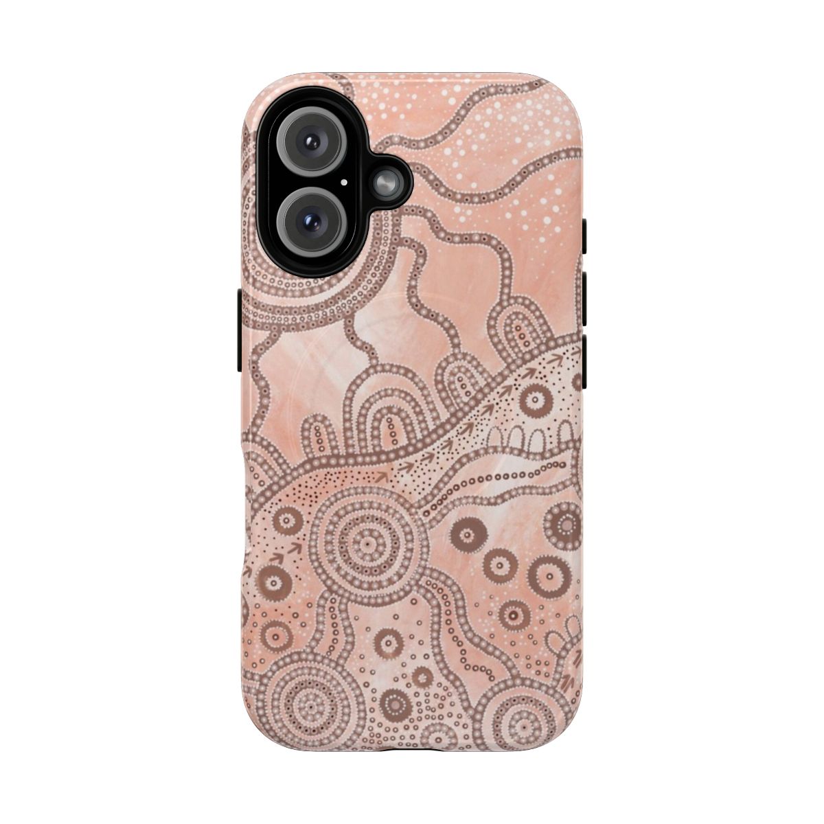 Colorful phone case featuring aboriginal-inspired dot painting and circle designs