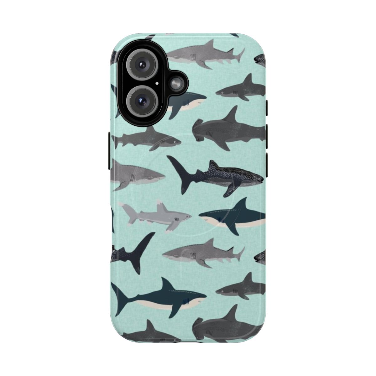 Illustration of various shark species on a tough phone case