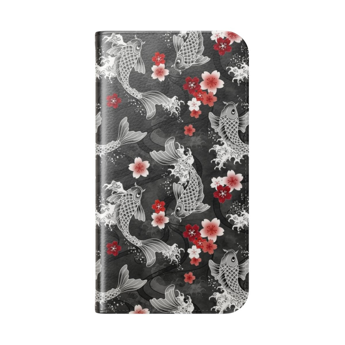 Colorful flip cover phone case featuring a watercolor design of koi fish swimming among cherry blossoms - Folded Back