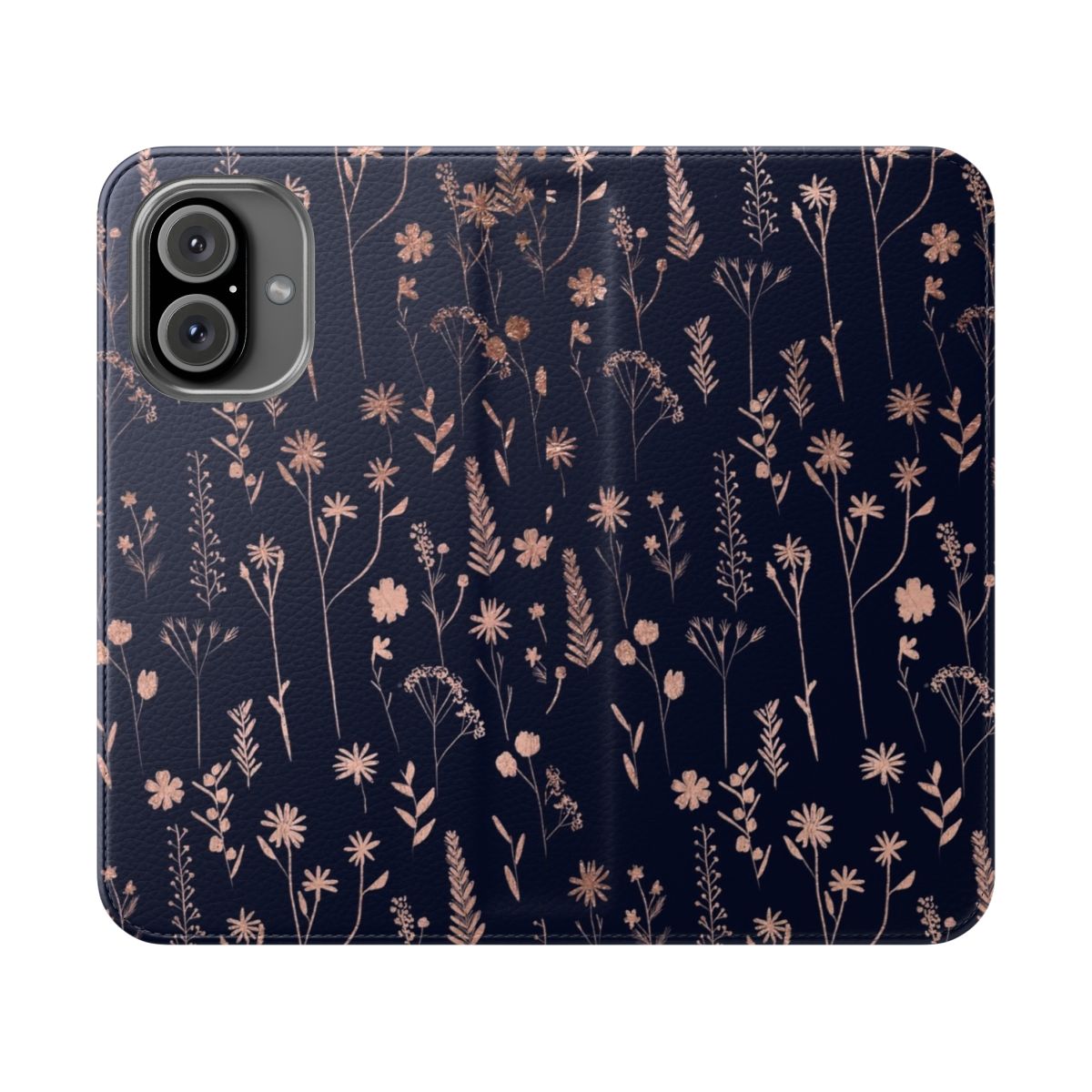 Floral hand drawn navy blue phone case with rose gold accents and dried pressed flowers