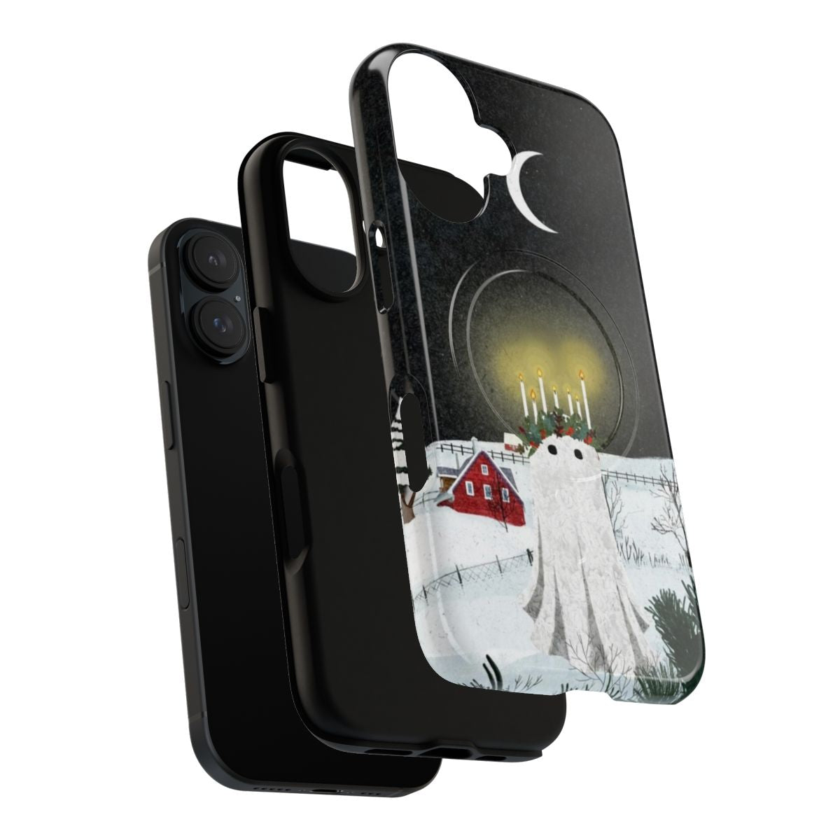 A cozy Nordic-inspired magnetic phone case with a winter scene featuring a candle, snow, and pine trees. - Layers