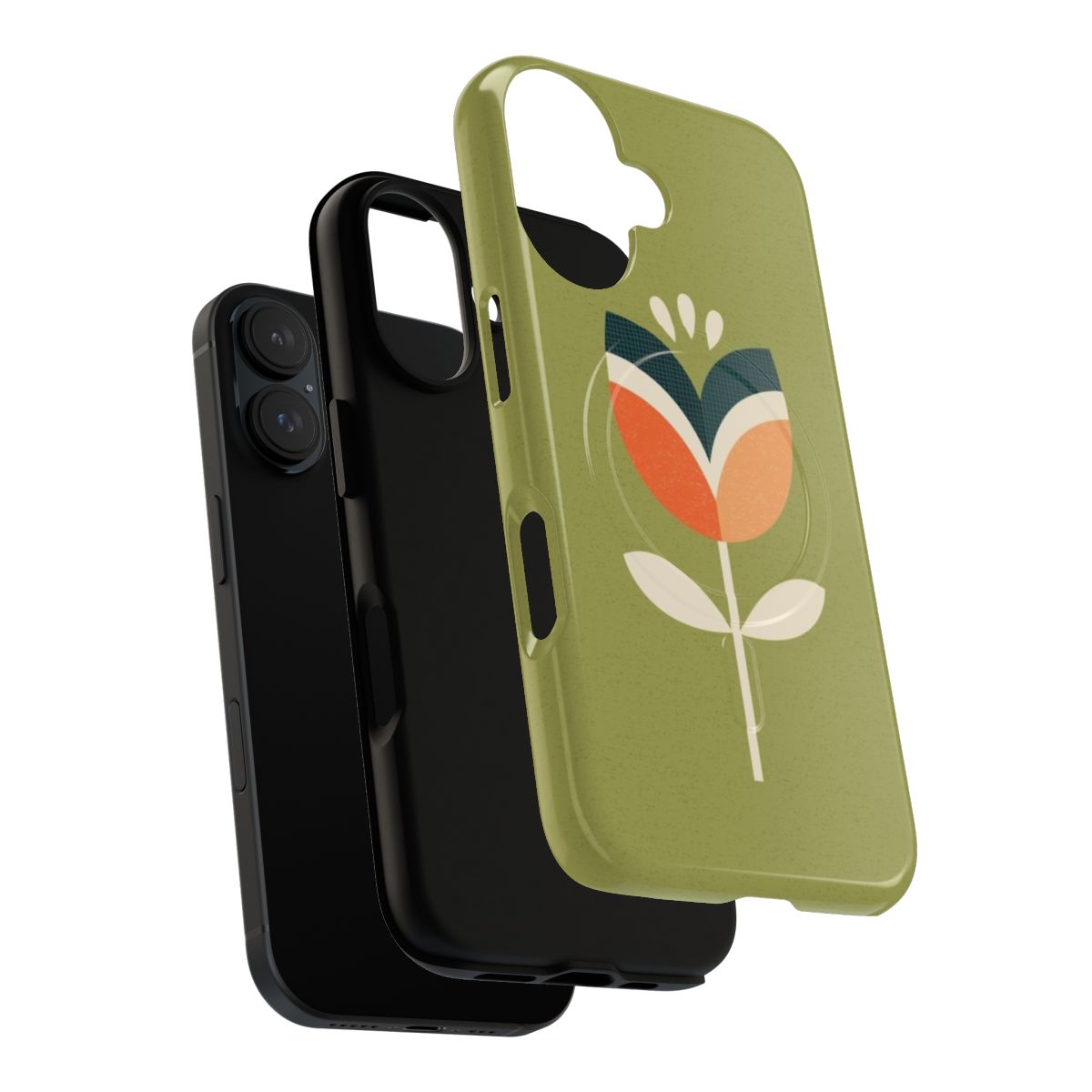 Retro floral tulip phone case in orange and olive green - Layers