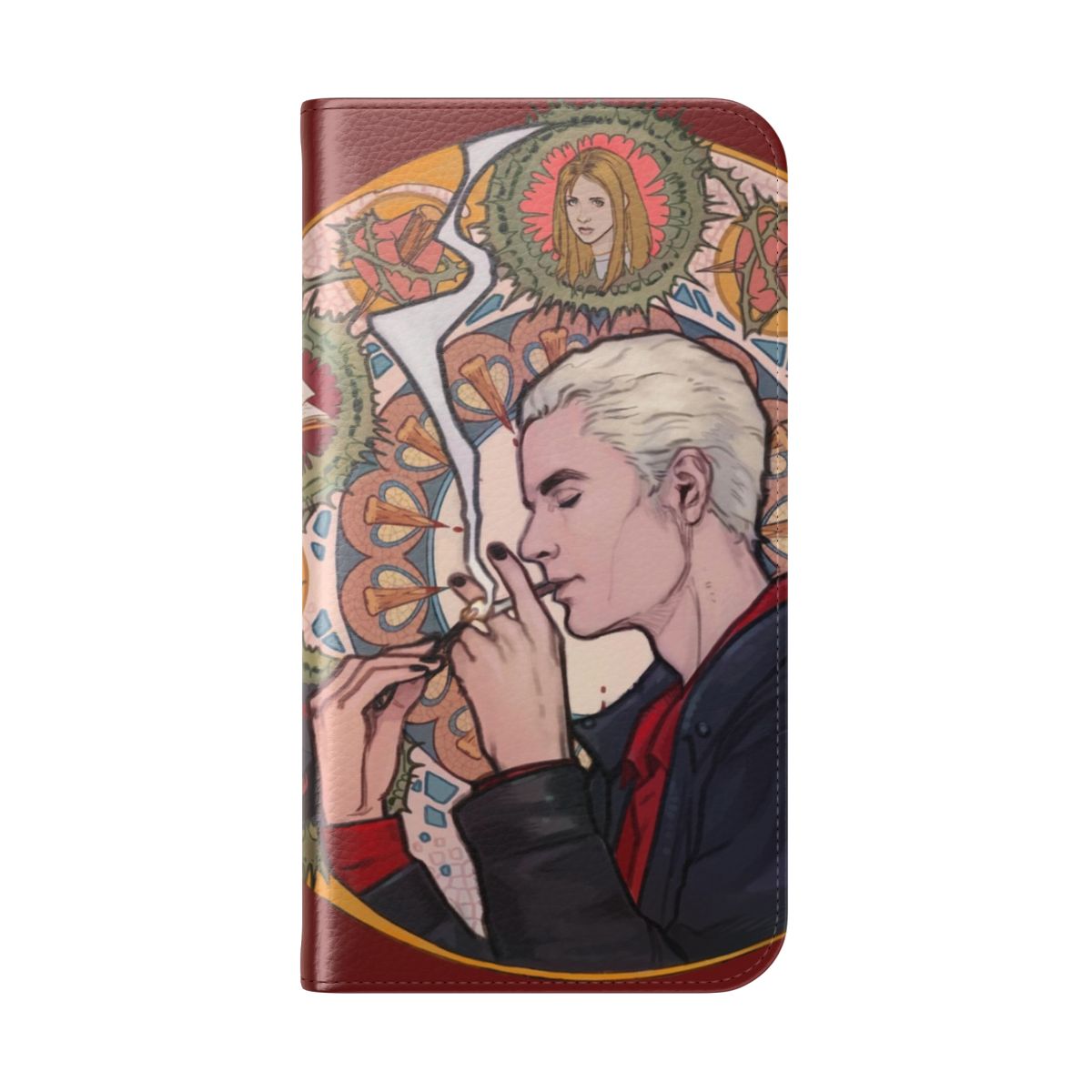 Spike-inspired flip cover phone case with the image of the character from Buffy the Vampire Slayer. - Folded Back