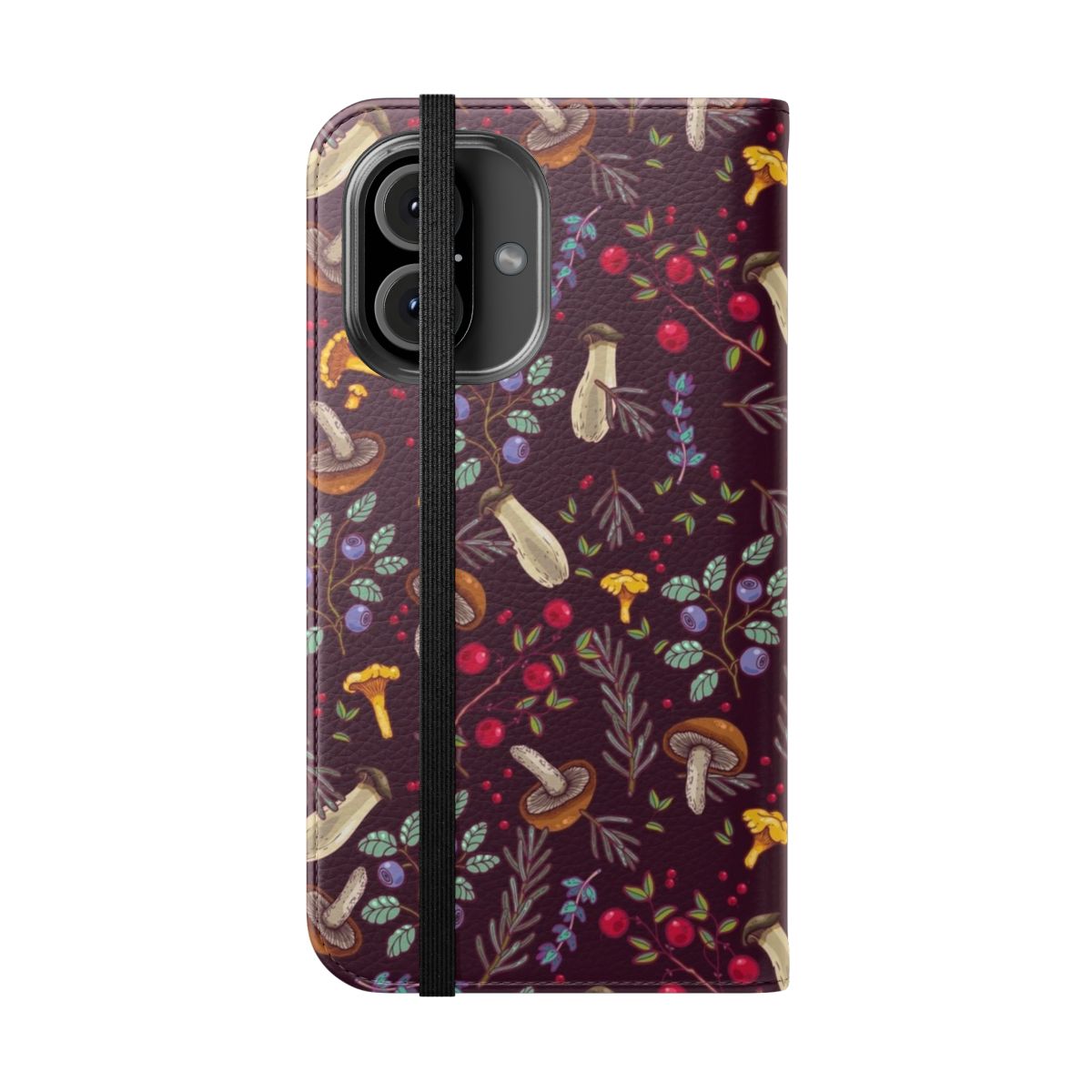 Flip cover phone case featuring a dreamy forest scene with mushrooms, moss, and botanical elements. - Folded Front