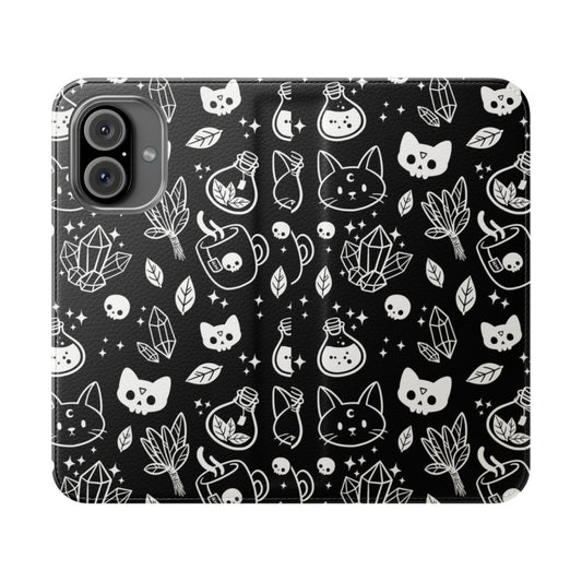 Nikury Flip Cover Phone Case with a black and white witch pattern design featuring cats, crystals, and occult symbols.