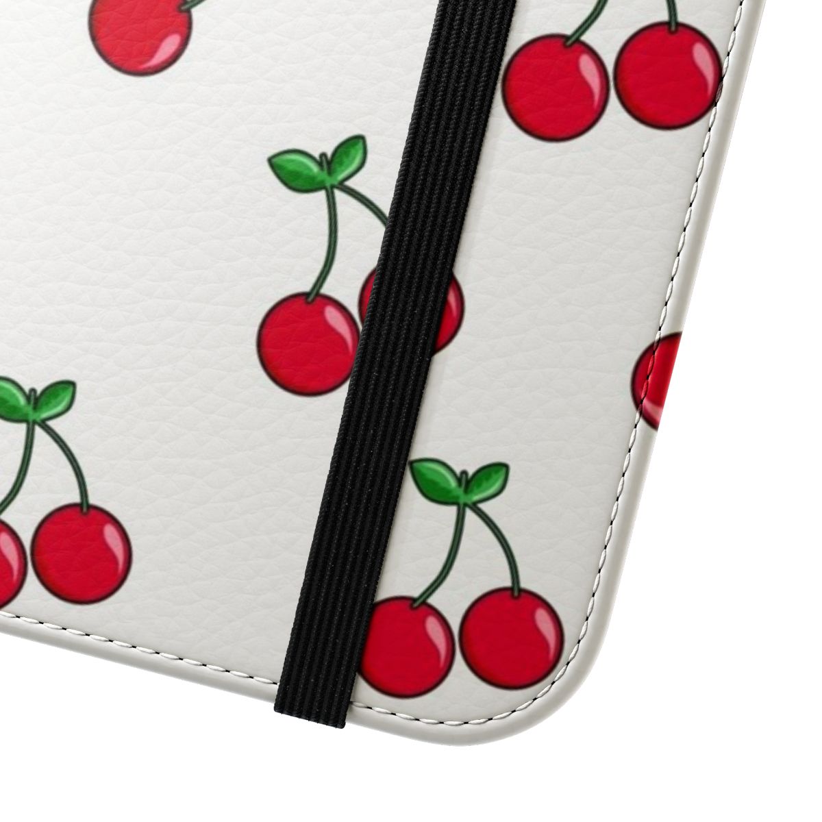 Closeup of a vibrant cherry-patterned phone case with cute emoji icons - Close Up