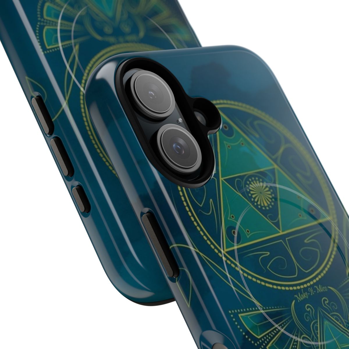 Magnetic tough phone case with blue wisdom, Japanese symbols, and fantasy dragon design - Detail