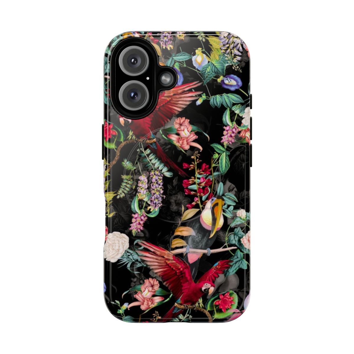 Vibrant floral and bird pattern phone case with a nature-inspired botanical design