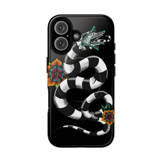 Tough magnetic phone case with a black and white monster design inspired by the movie Beetle Juice.