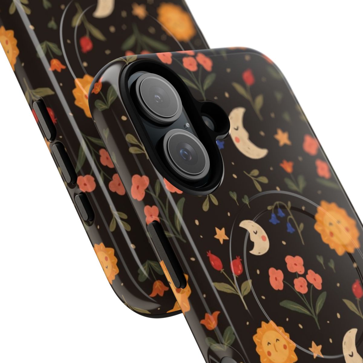 Magnetic phone case with a floral pattern featuring suns, moons, and flowers - Detail