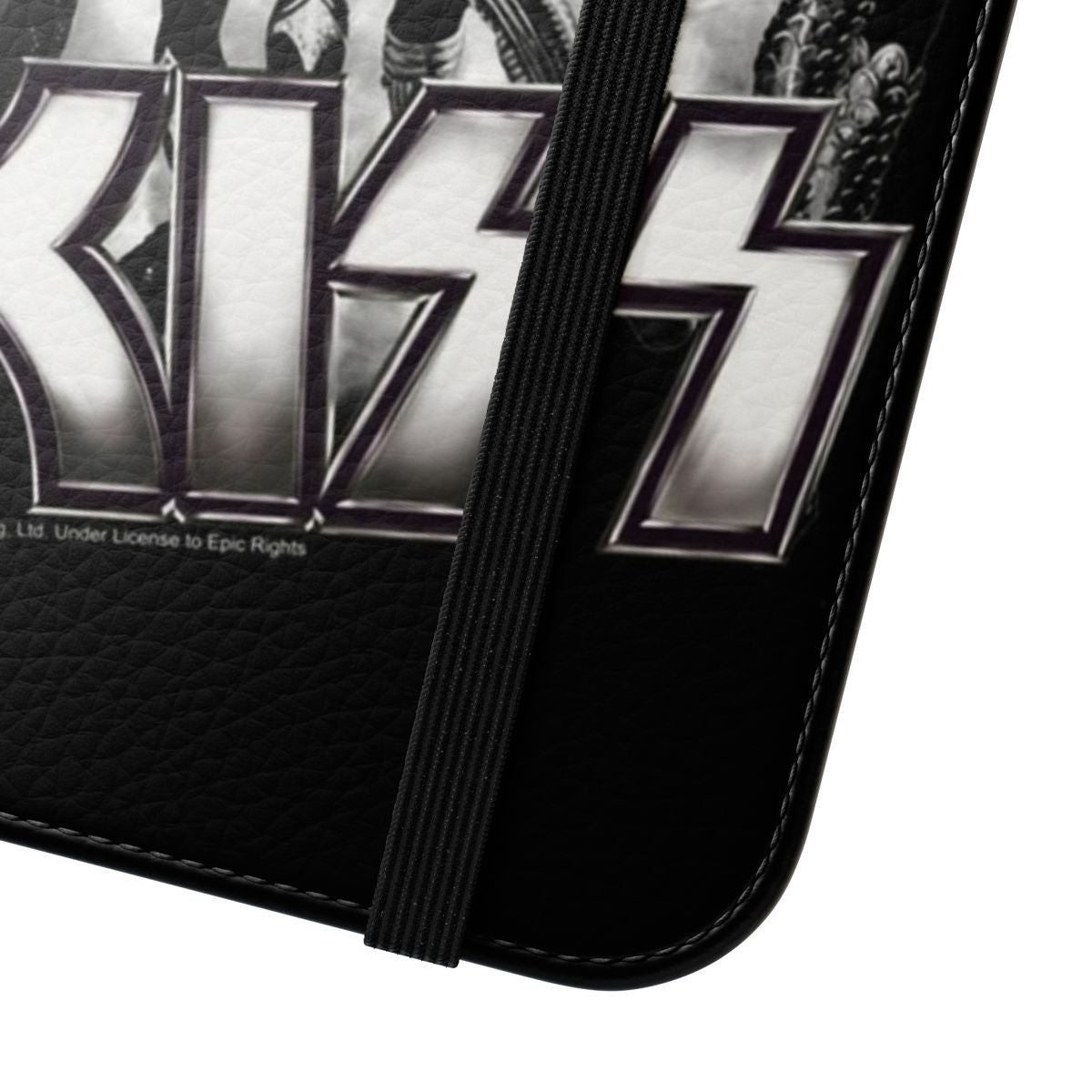 Black and white flip phone case featuring the KISS "Destroyer" logo - Close Up