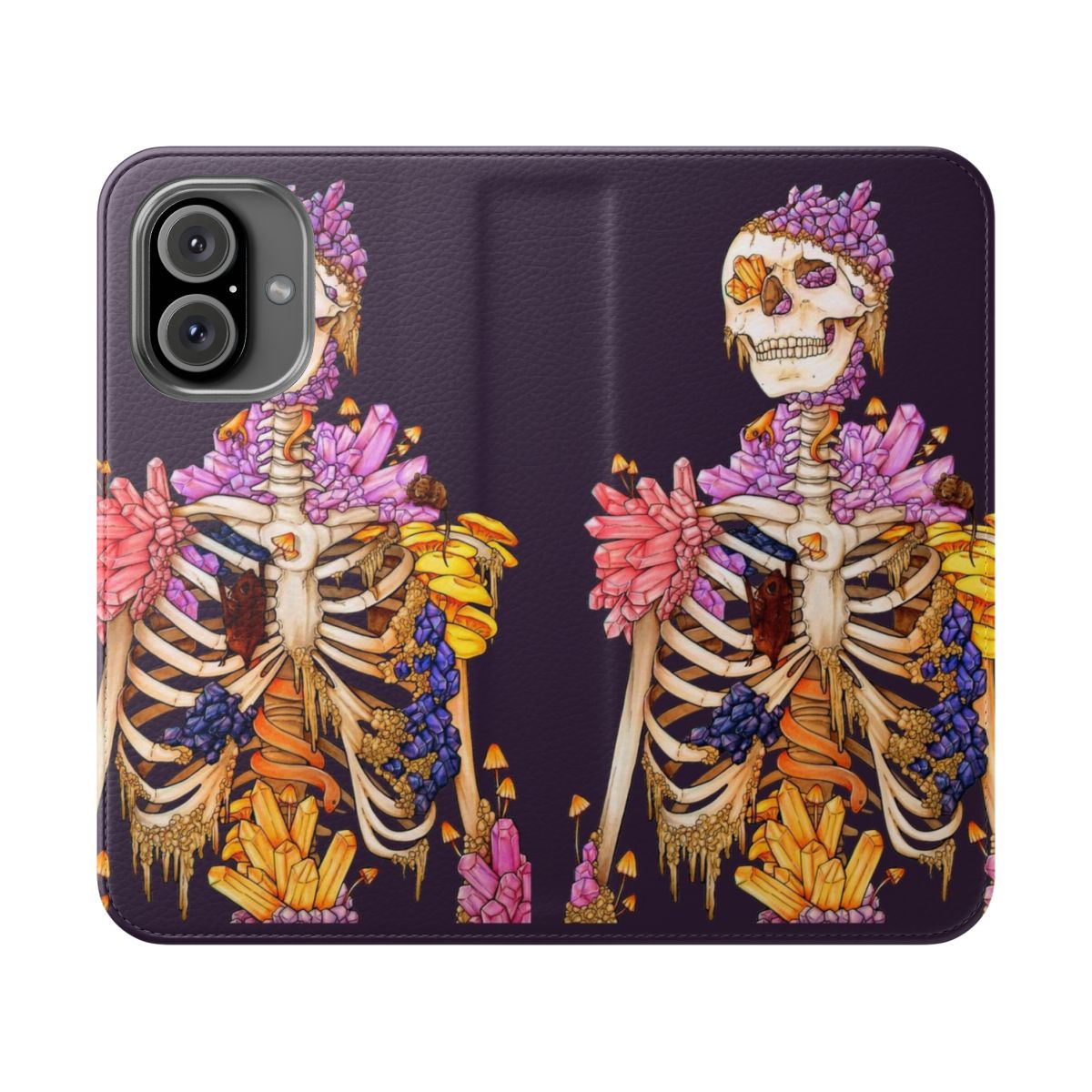 Flip cover phone case with a hidden gem design featuring gothic, occult, and mystical elements