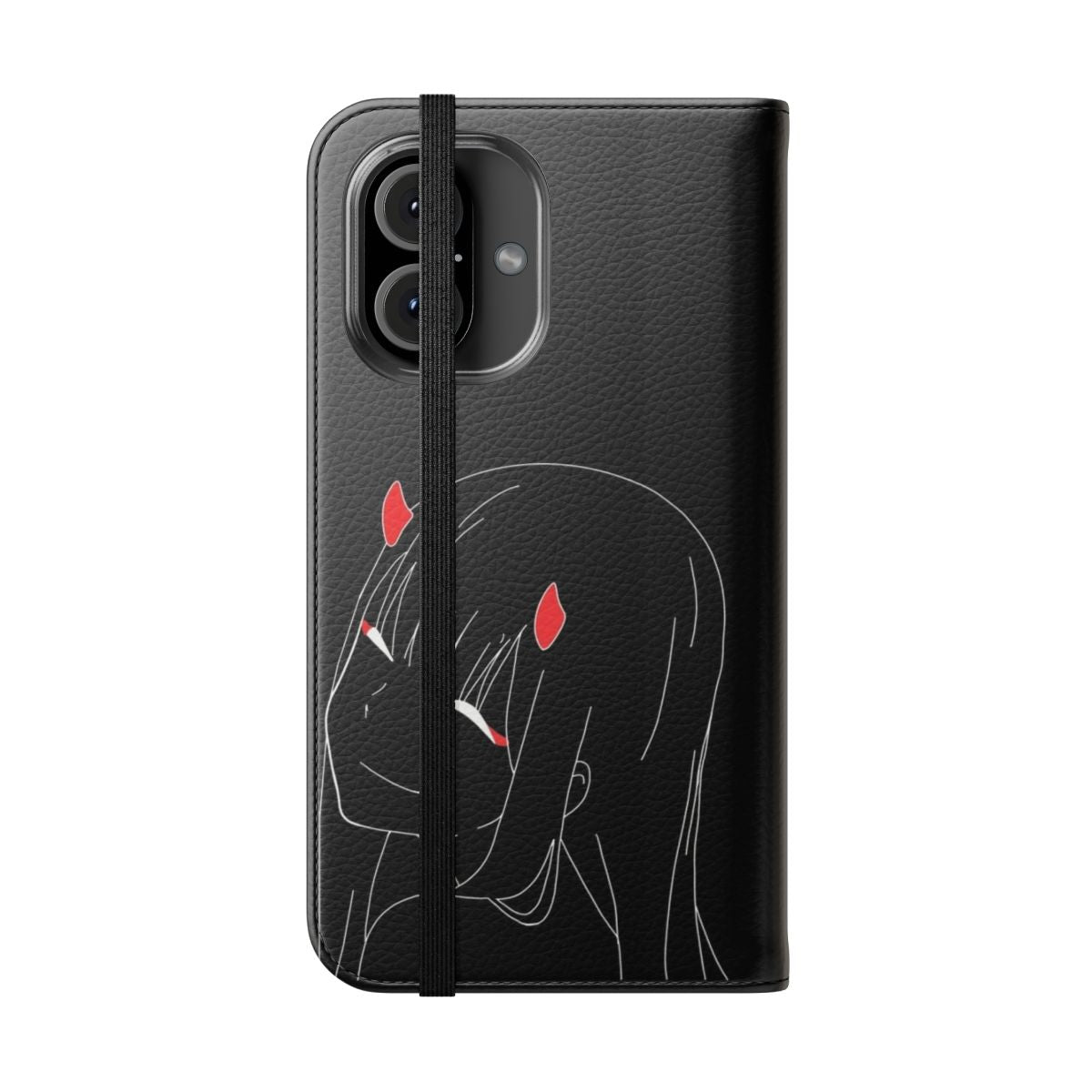 Flip phone case featuring a minimalist design of the anime character Zero Two from Darling in the Franxx. - Folded Front