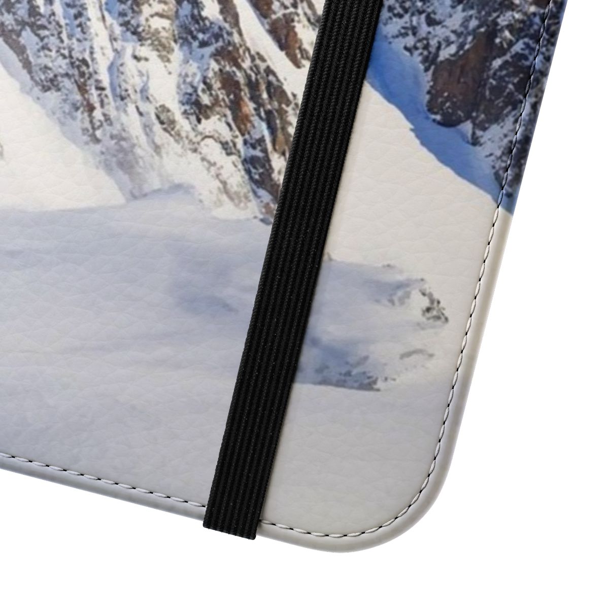 A phone case featuring a beautiful winter landscape with snow-capped mountains. - Close Up