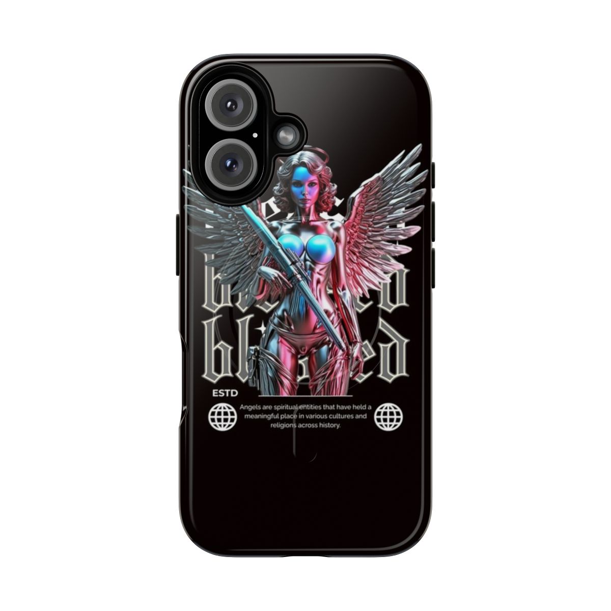 Chrome magnetic tough phone case with angel wings design