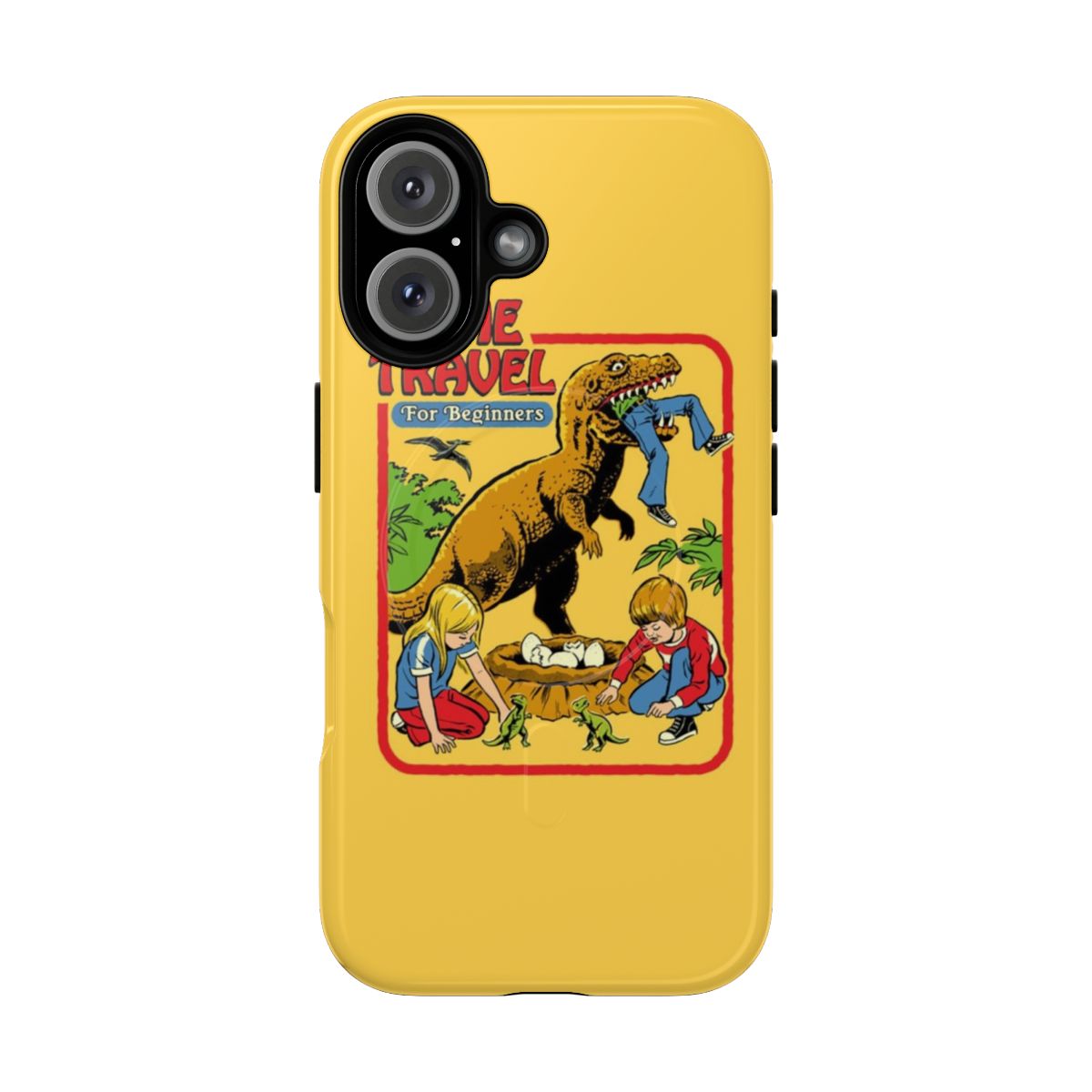 Retro-style phone case with a time travel and dinosaur theme