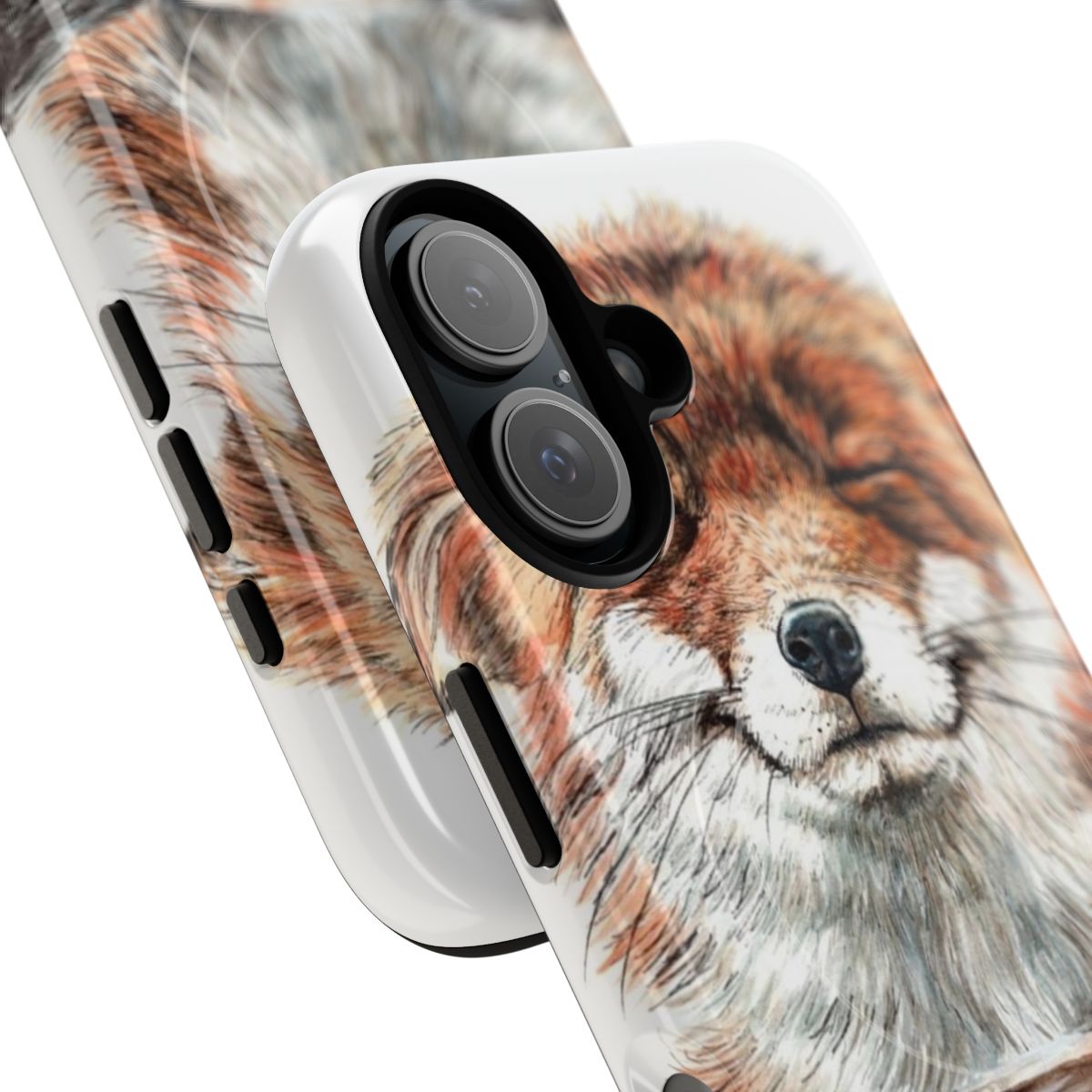 Magnetic Tough Phone Case featuring a cute illustration of a red fox with a cup of coffee. - Detail