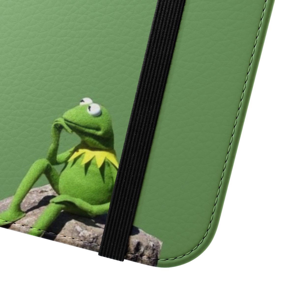 Green meme-inspired flip phone case with an illustration of Kermit the Frog in a "thinking" pose - Close Up