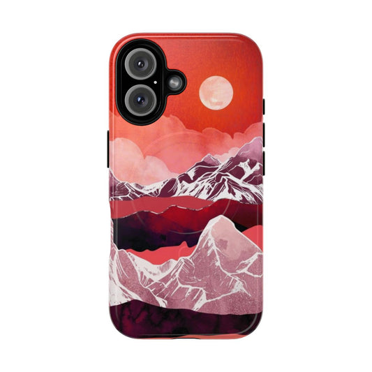 Stylish phone cases featuring a vibrant scarlet and abstract landscape design.