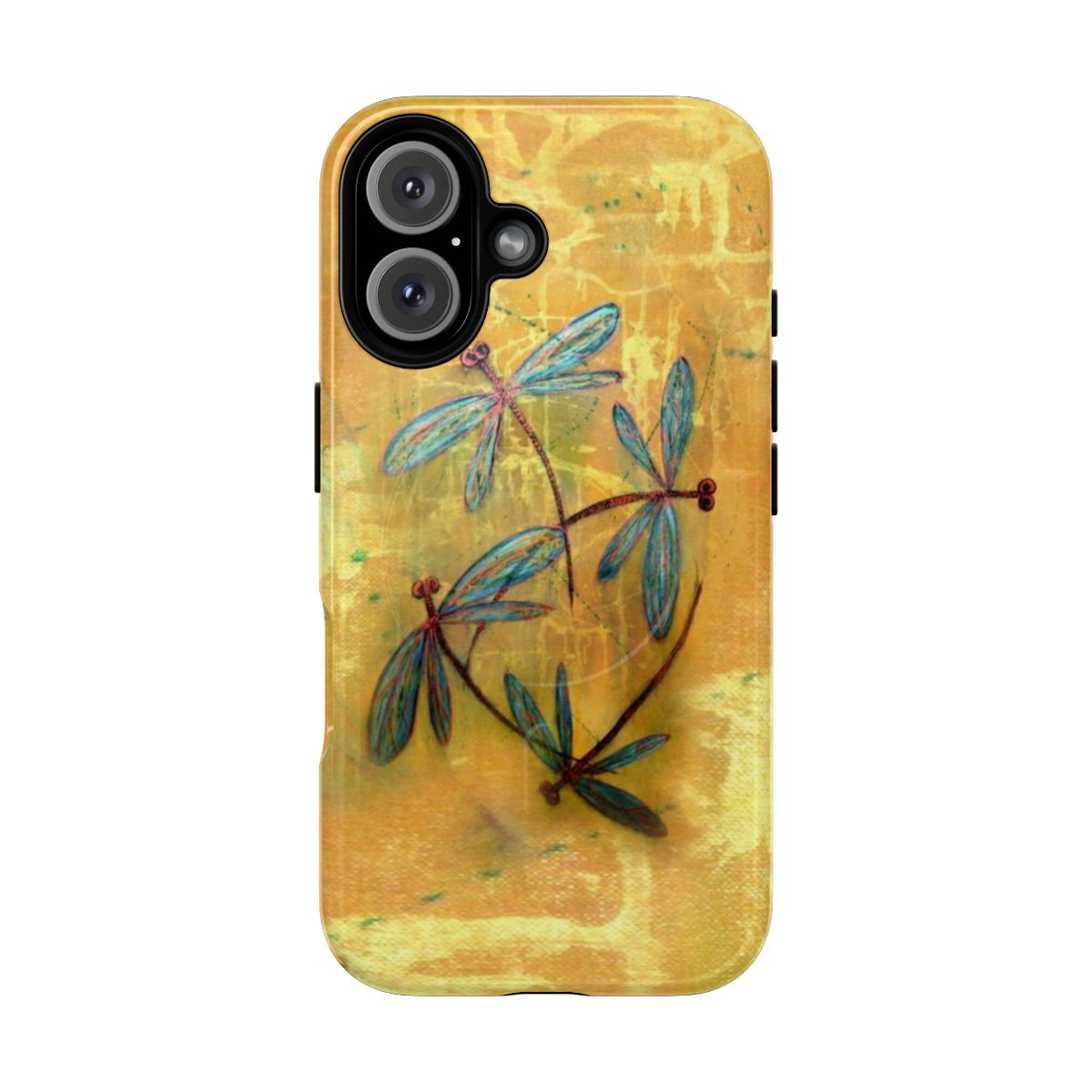 Colorful dragonfly and butterfly design on a magnetic phone case