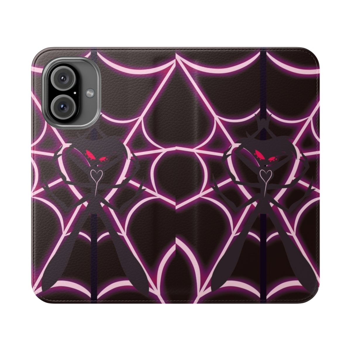 Flip cover phone case with Angel Dust, Hazbin Hotel, Cherri Bomb, and Spider design