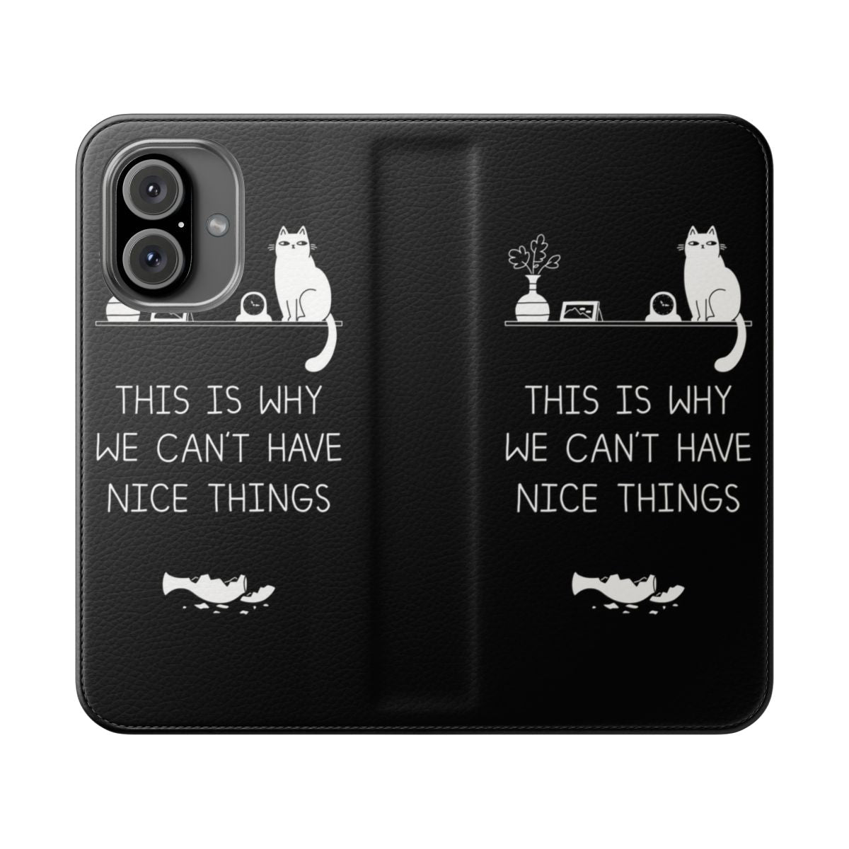 Humorous cat-themed flip cover phone case with broken vase and typography design