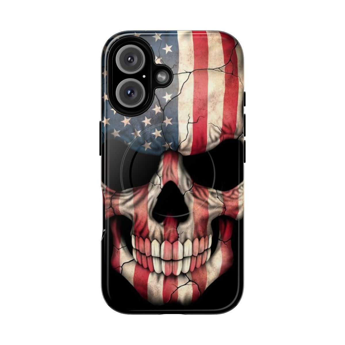 Patriotic phone case featuring a cracked skull design with the American flag