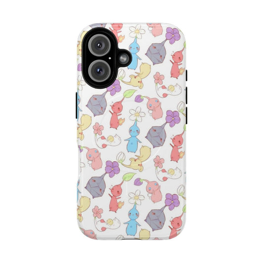 Pastel phone case with a nature-inspired Pikmin video game pattern