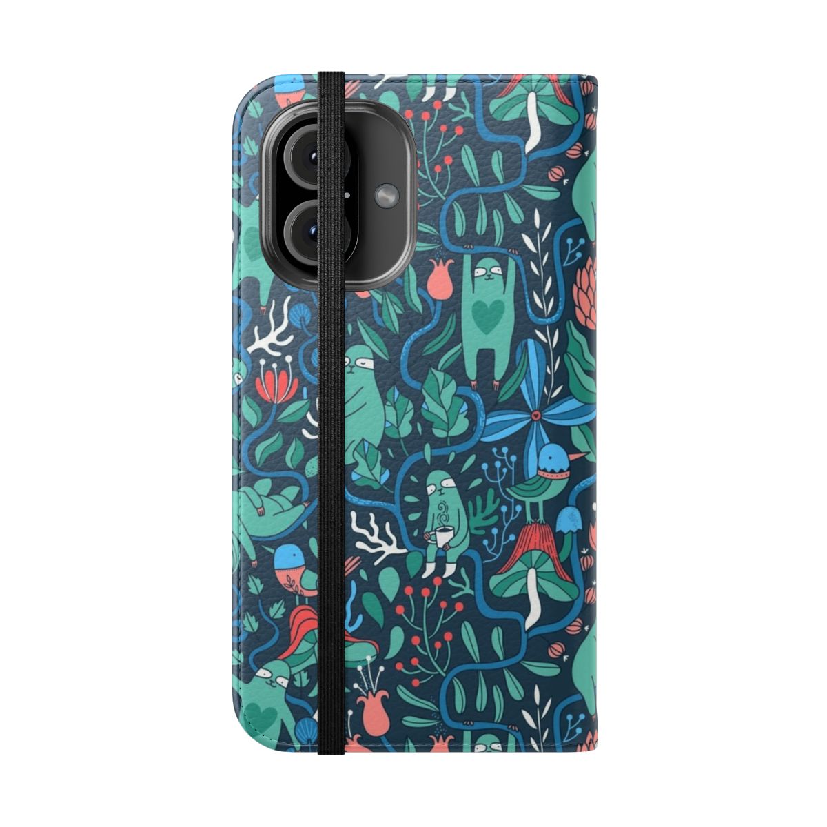 Colorful sloth pattern phone case with tropical flowers and leaves - Folded Front