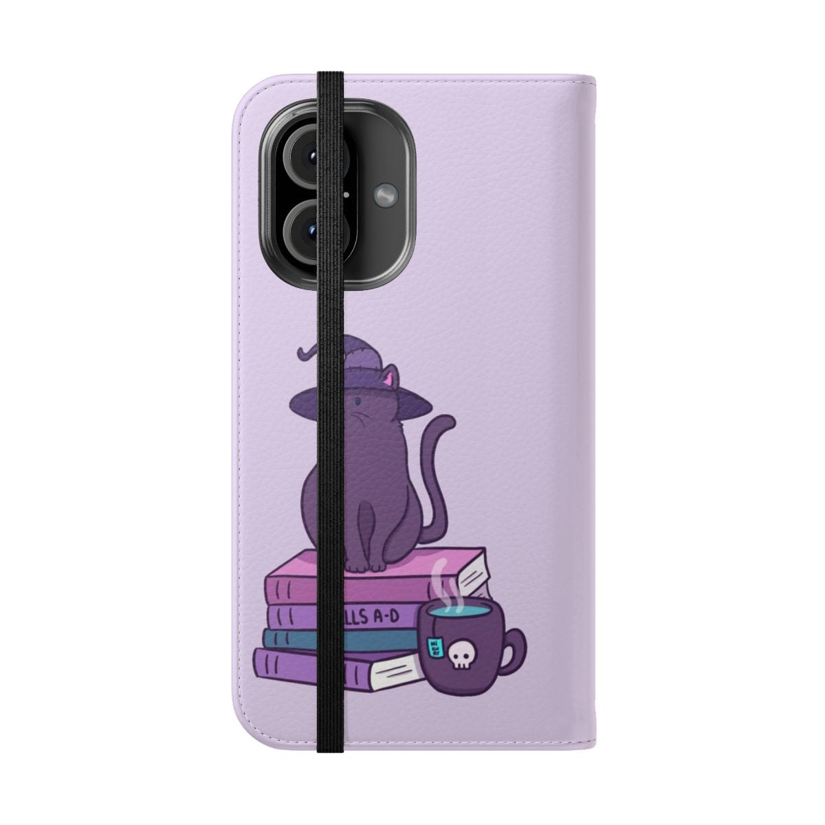 Pastel purple flip phone case with cat and witchy design - Folded Front