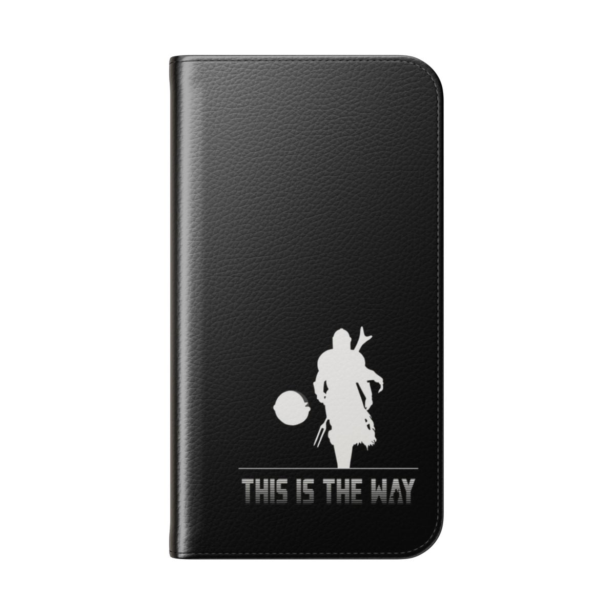 Detailed image of a mandalorian-themed flip cover phone case with the phrase "this is the way" - Folded Back