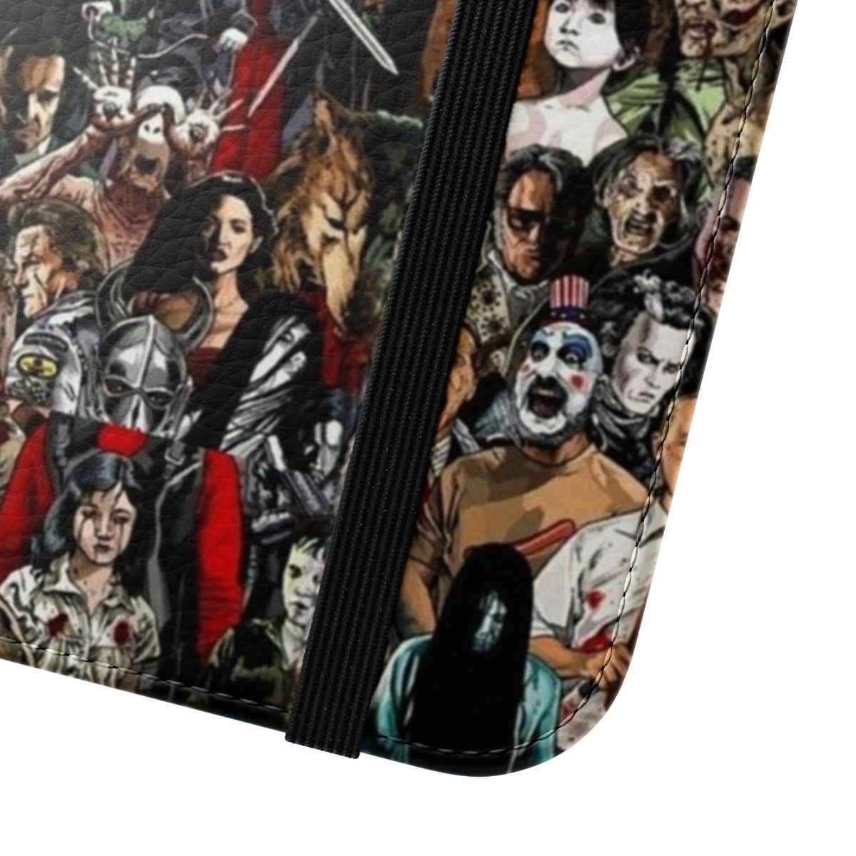 Flip cover phone case with horror movie and demonic-inspired design - Close Up