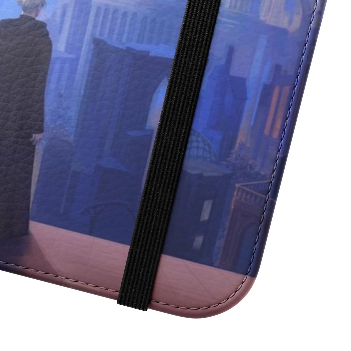 Detailed phone case design featuring a fantasy cityscape with architectural elements and characters - Close Up