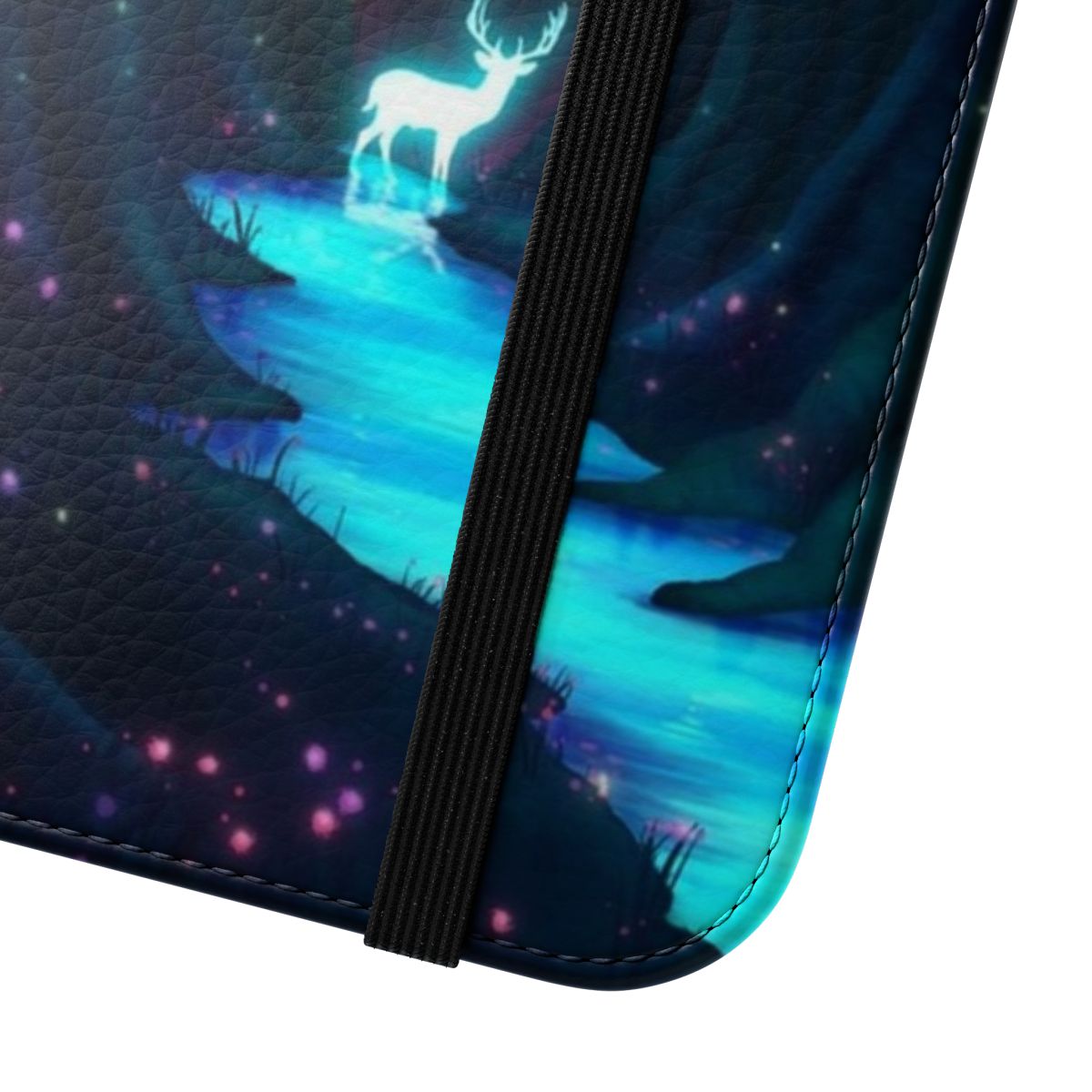 Glowing river and deer silhouette in a fantasy landscape phone case design - Close Up