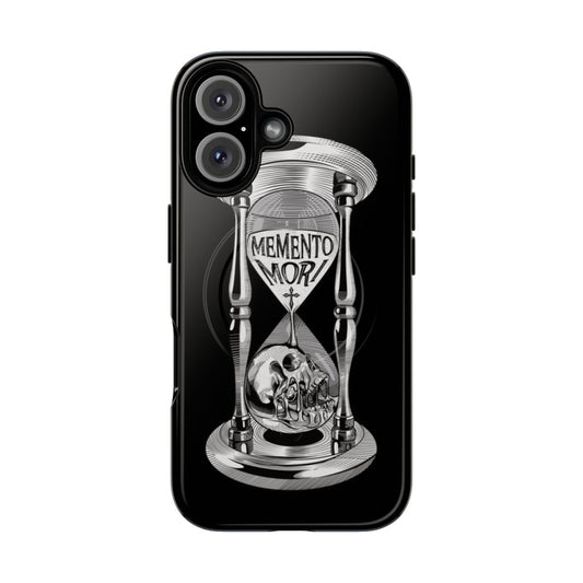 Memento Mori hourglass design phone case with a gothic, black and white skeleton and skull motif.