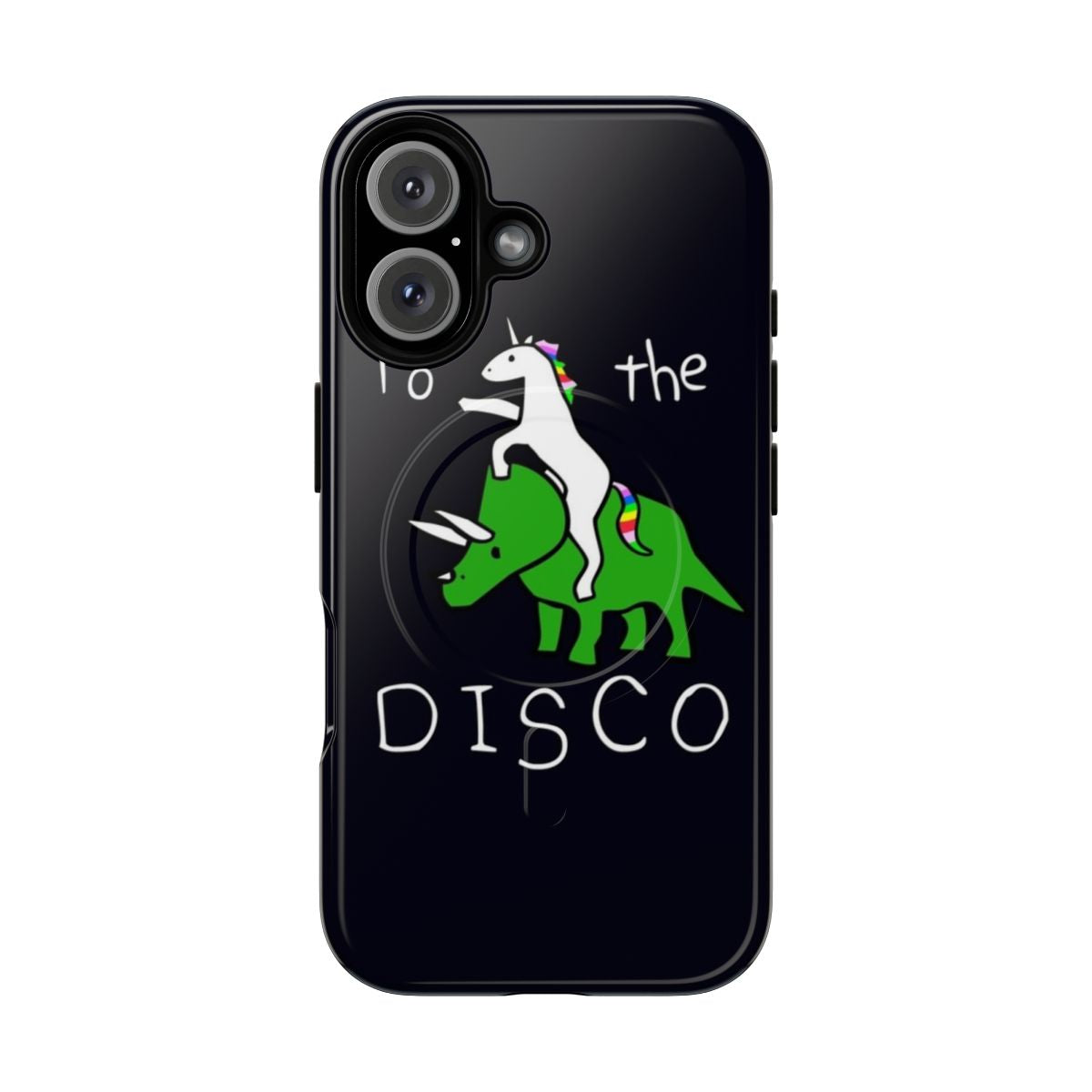 Whimsical phone case featuring a unicorn riding a triceratops against a white background