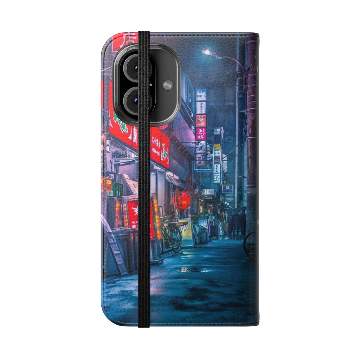 Flip phone case featuring a moody, rainy cityscape of Neo Tokyo with neon lights and a cyberpunk aesthetic. - Folded Front