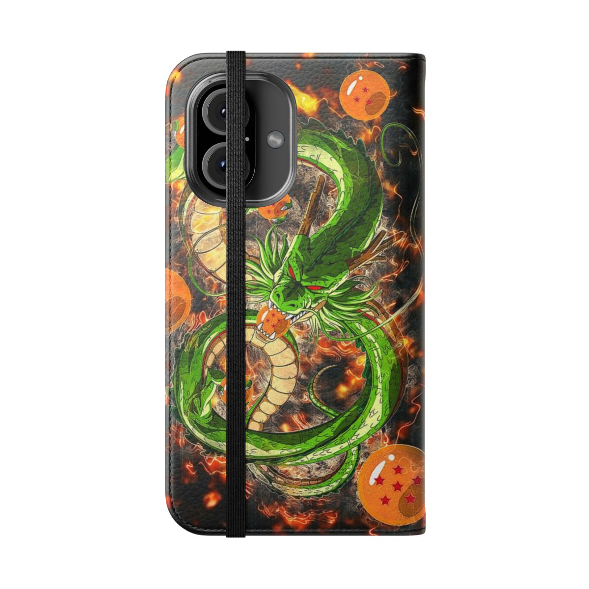 Shenron-inspired flip cover phone case with dragon ball design - Folded Front