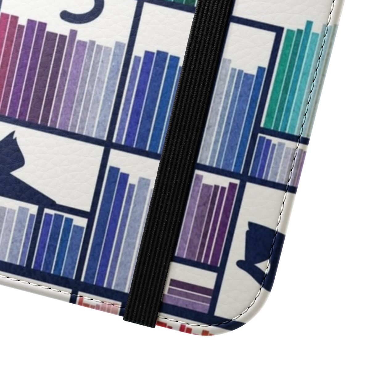 Vibrant phone case featuring a bookshelf with navy blue shelves and adorable library cats - Close Up