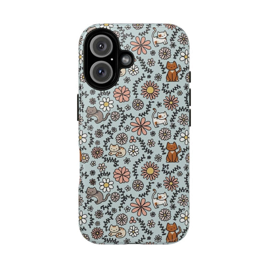 Magnetic phone case with a colorful floral and cute cat design