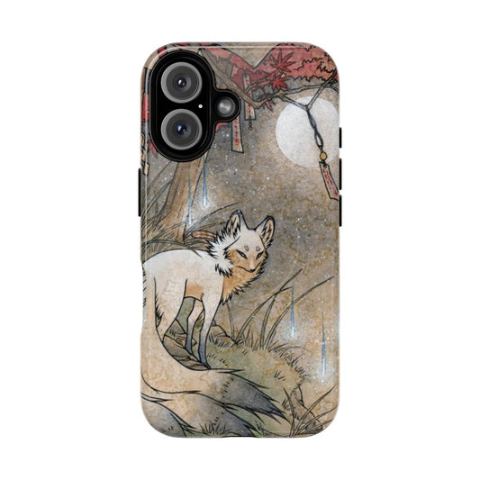 Whimsical illustration of a fox and wisp-like spirits under the moonlight and maple leaves on a magnetic phone case.