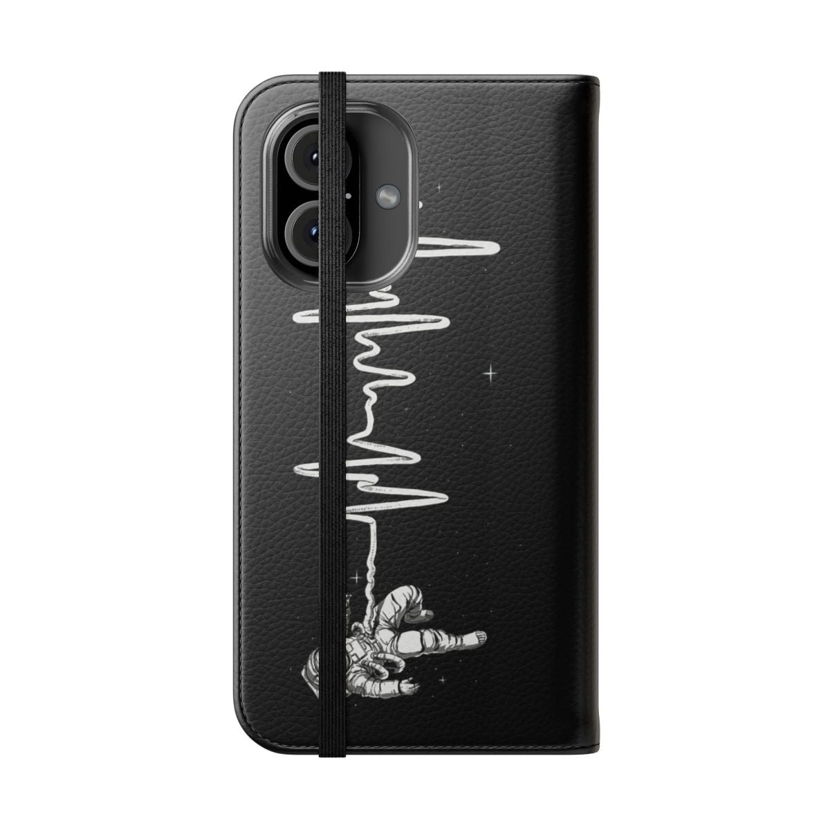 Space-themed phone case with abstract black and white design resembling a heartbeat or ECG - Folded Front