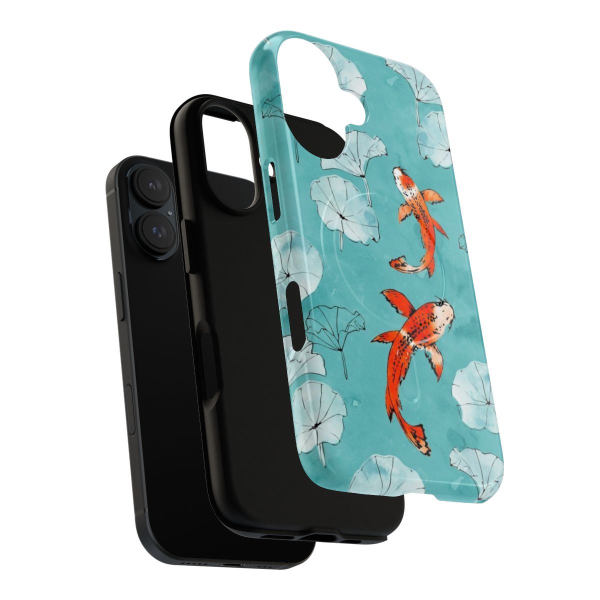 Turquoise and orange koi fish swimming among water lilies and leaves in a watercolor painting style phone case. - Layers