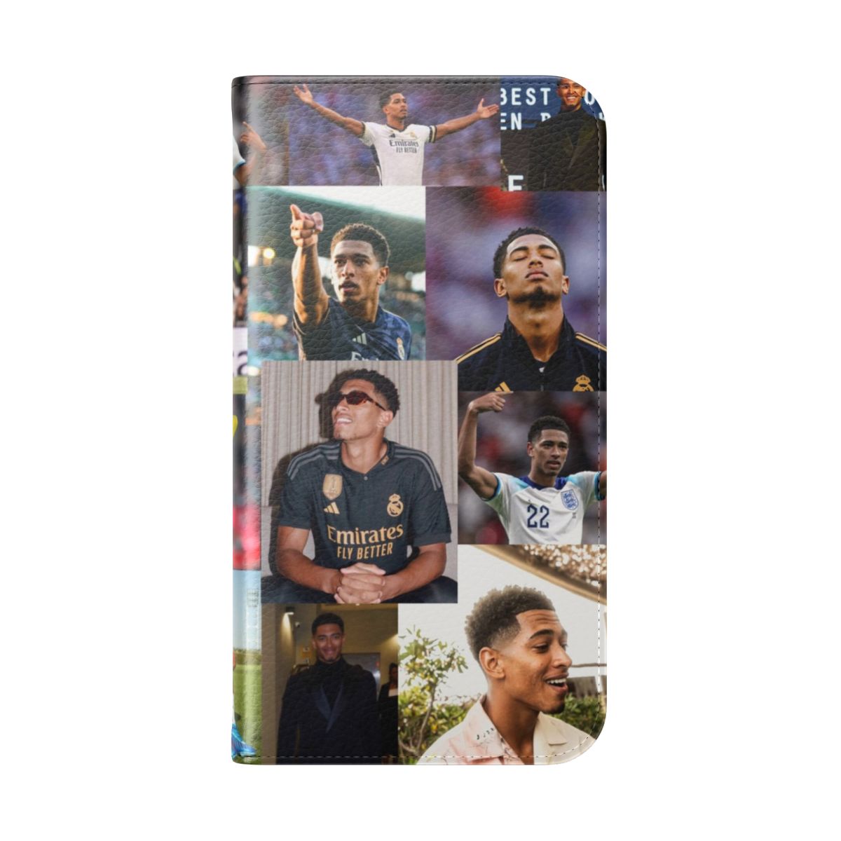 Artistic collage phone case featuring images of soccer player Jude Bellingham - Folded Back