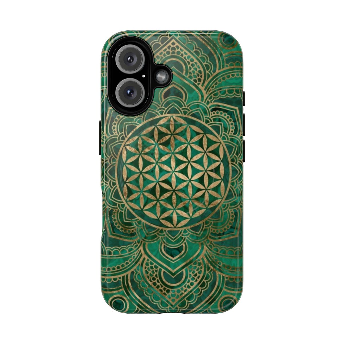 Flower of Life design in malachite and gold on a magnetic tough phone case