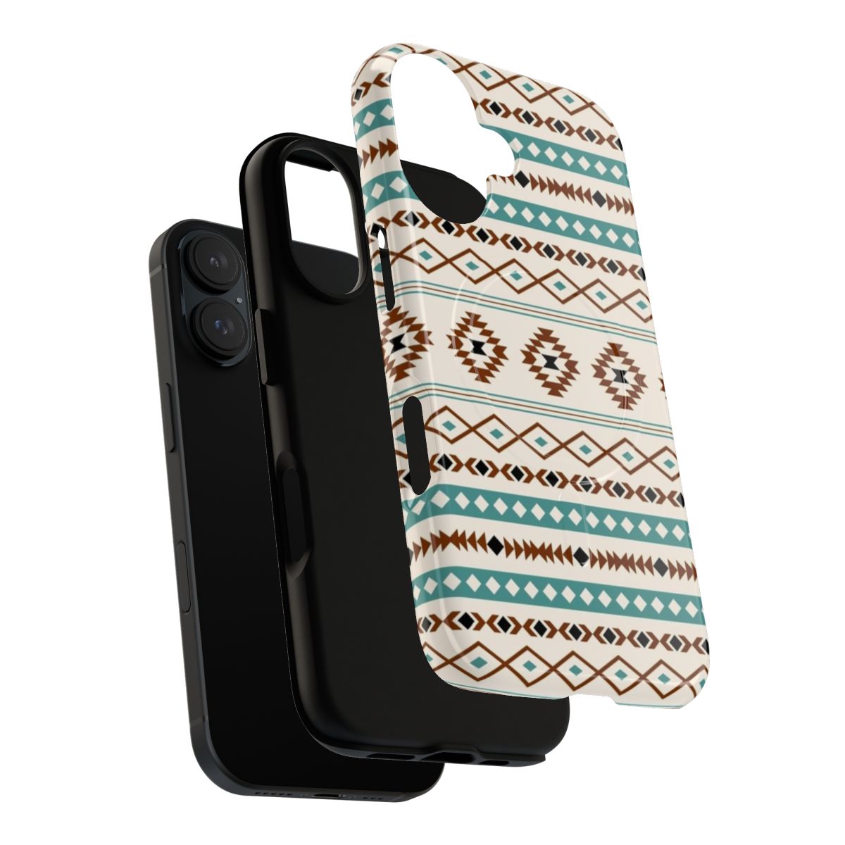 Mixed pattern teal, terracotta, black, and cream phone case with a bohemian, tribal design - Layers