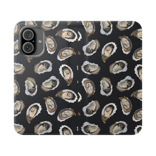 Charcoal flip phone case featuring an oyster and nautical pattern