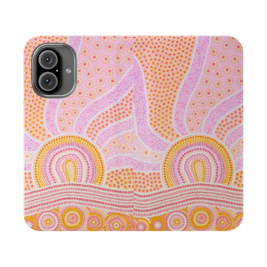 Vibrant tribal pattern flip cover phone case with aboriginal, indigenous, and first nations inspired dot painting design