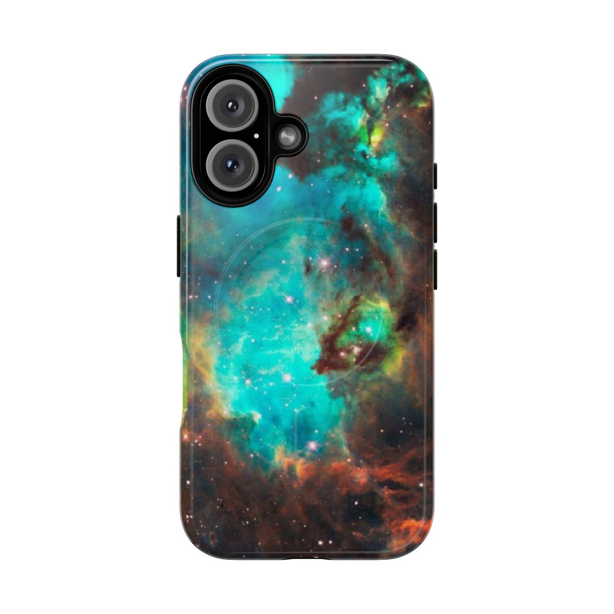 A vibrant green galaxy nebula design on a protective smartphone case.